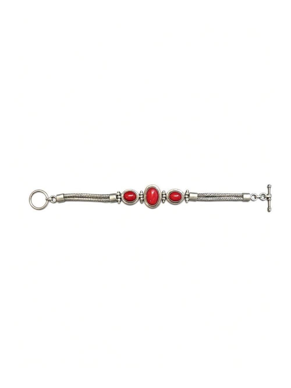 Vintage Sterling Silver 925 Red Coral Toggle Foxtail Bracelet